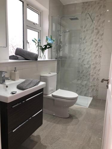 a bathroom with a toilet and a glass shower at Clanrye House Guest Accommodation in Newry