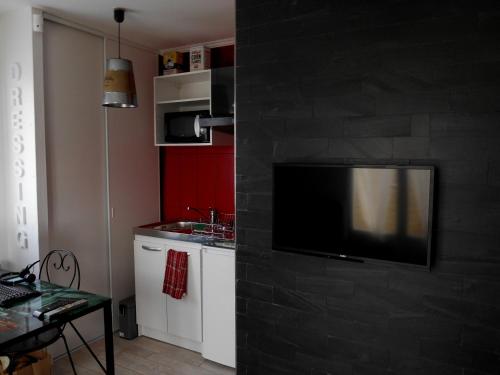 a kitchen with a tv on a brick wall at CosyStudio Site du Futuroscope in Chasseneuil-du-Poitou