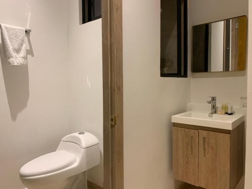 a bathroom with a toilet and a sink at Hotel Boutique M in Barranquilla