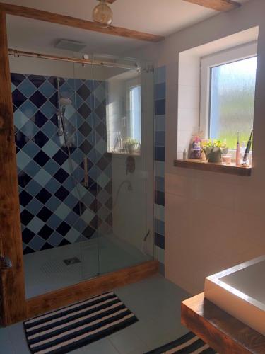a bathroom with a glass shower with a sink at Vojnův Městec Dům s vůní dřeva in Žďár nad Sázavou