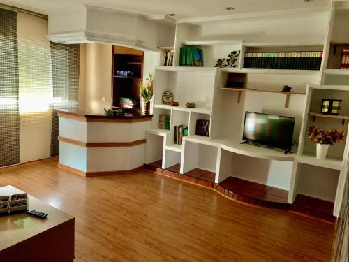 een woonkamer met een televisie en witte planken bij El apartamento de María Vut-47-31 in Tordesillas