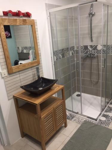 La salle de bains est pourvue d'un lavabo et d'une douche. dans l'établissement Appartement 2 personnes Le Bugue Périgord Noir, au Bugue