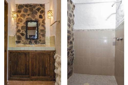 two pictures of a bathroom with a sink and a shower at Posada La Querencia in Xico