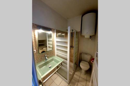 une salle de bains avec baignoire, toilettes et lavabo dans l'établissement Miramare studio pieds dans l eau vue mer féerique 180 féerique, à Six-Fours-les-Plages