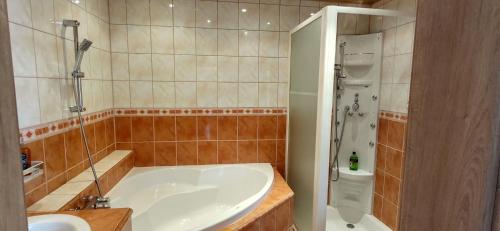 a bathroom with a tub and a shower and a sink at Apartmán Domčeková in Košice
