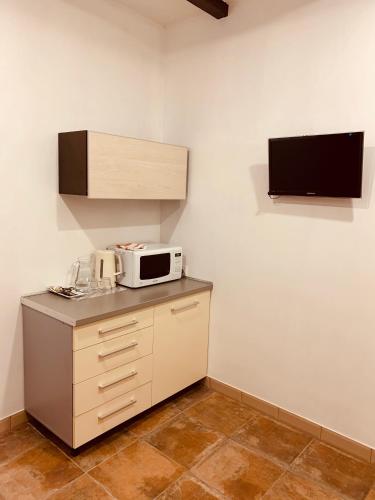 a kitchen with a microwave on top of a counter at WINE & ROSE BOUTIQUE HOTEL in Kharkiv