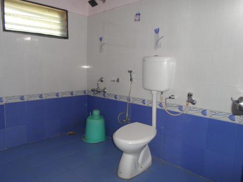 a bathroom with a toilet in a blue and white room at Hotel Pasuparthy Residency in Tirupati