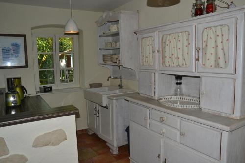een keuken met witte kasten en een wastafel bij Wanderer Paradies in Pirna
