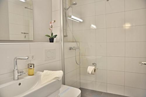 bagno con doccia, lavandino e servizi igienici di Börn Börn Miesmuschel a Laboe