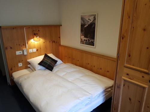 a bedroom with a white bed with a pillow on it at Spenglers Inn in Davos