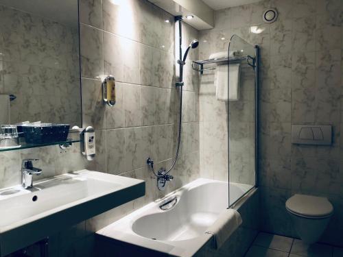 a bathroom with a sink and a shower and a toilet at Hotel Chariot in Aalsmeer