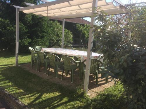 a table and chairs under a pergola in a garden at Grand gîte de Soumeillan in Castelnau-Magnoac