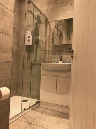 a bathroom with a shower and a sink at Belmont - Y Prom in Aberystwyth