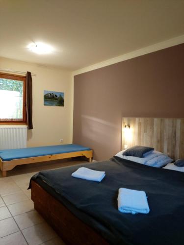 - une chambre avec 2 lits et des serviettes dans l'établissement Dream Horse Apartman Cserkeszőlő, à Cserkeszőlő