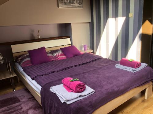 a large bed with pink towels on top of it at Apartamenty Maria in Żywiec