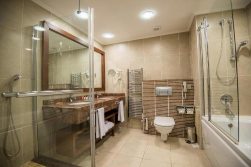 a bathroom with a shower and a toilet and a sink at Korineum Golf & Beach Resort in Kérynia