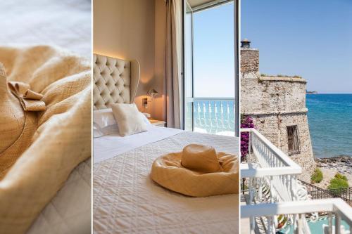 sypialnia z łóżkiem i widokiem na ocean w obiekcie Hotel Savoia w Alassio