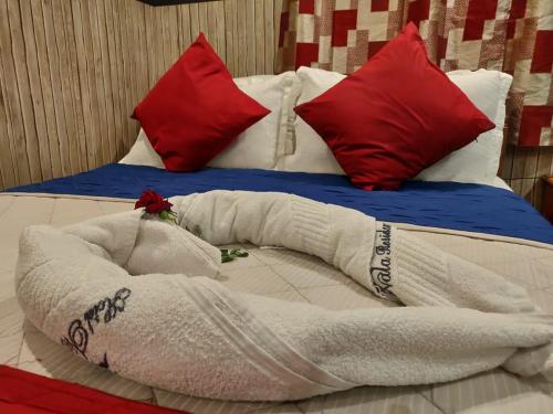 a bed with a blanket and red pillows on it at Hotel nala residency in Tiruvannāmalai