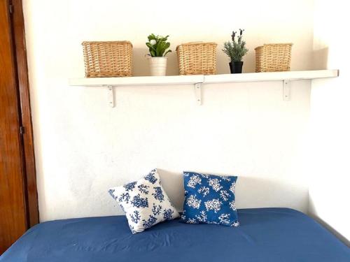 ポンツァにあるRosa - Immobilevanteのベッド1台(青い枕2つ、植物棚付)