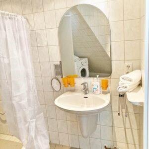 a bathroom with a sink and a mirror at Ferienwohnung Auf dem Hühnerhof in Heinsberg