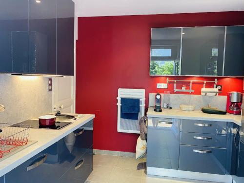 a kitchen with blue cabinets and a red wall at Druides 2 in Carnac