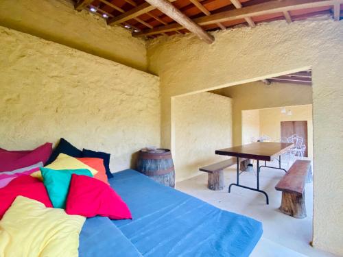 Habitación con cama con almohadas coloridas y mesa. en Quinta da Vergueira en Figueiró dos Vinhos
