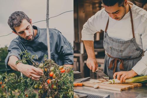 two men in a kitchen preparing vegetables on a table at Agriturismo Buonasera in Bagnoregio