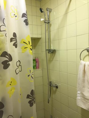 a shower curtain with flowers on it in a bathroom at Apple Tree Family Home (ECO) in Dzorakap