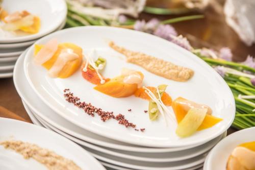 a white plate of food on a table at Eaglewood Resort & Spa in Itasca