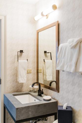 a bathroom with a sink and a mirror at Dunhill Hotel in Charlotte