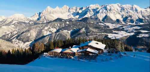 an aerial view of a ski lodge in the mountains at Bergkristallhaus in Ramsau am Dachstein