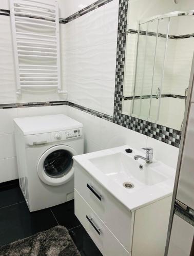 a bathroom with a washing machine and a sink at Apartament Limonka in Wierzchucino