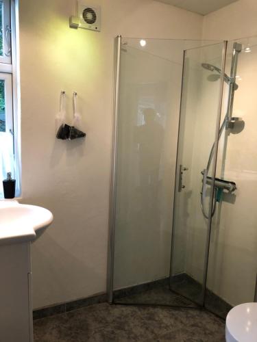 a shower with a glass door in a bathroom at BrusaaUdlejning in Nibe