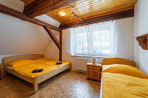 two beds in a small room with a window at Family apartments V Zátiší in Dolní Morava