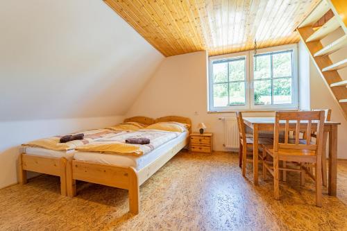 a bedroom with a bed and a table and chairs at Family apartments V Zátiší in Dolní Morava