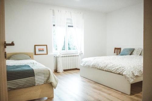 1 dormitorio blanco con 2 camas y ventana en Entoli Apartment, en Podnanos