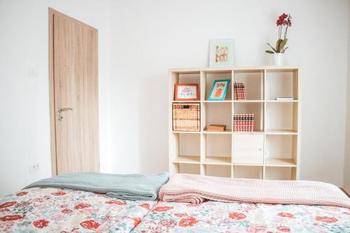 a bedroom with a bed and a book shelf at Entoli Apartment in Podnanos