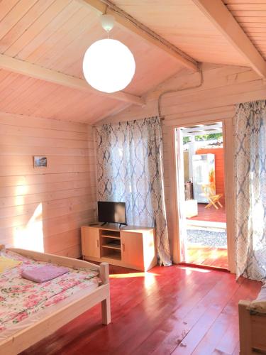a room with a bed and a tv and a window at Эко домики у моря в Гаграх in Gagra