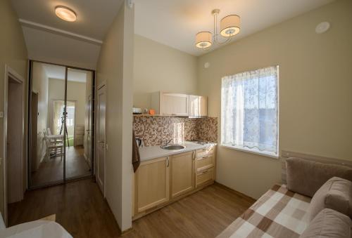 a small kitchen with a sink and a window at Vila Levita in Palanga