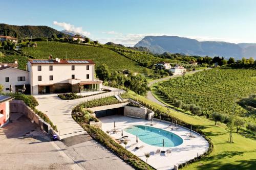 een luchtzicht op een villa met een zwembad en een wijngaard bij Relais Althea Azienda Agrituristica in Vittorio Veneto