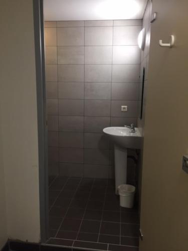 a bathroom with a shower and a sink at Auberge de Jeunesse HI Grenoble in Échirolles