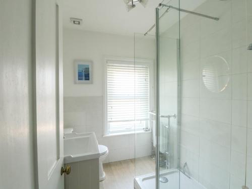 een badkamer met een douche, een toilet en een wastafel bij Elm Villa in Wareham