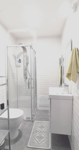 a white bathroom with a toilet and a shower at Casa Pirri in Palermo