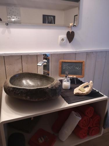 a bathroom with a stone sink on a shelf at ArT Home Maison d'artiste in Honfleur