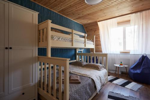 1 dormitorio con litera y paredes azules en Scandinavian Hygge Canyon view lounge, en Kamianets-Podilskyi