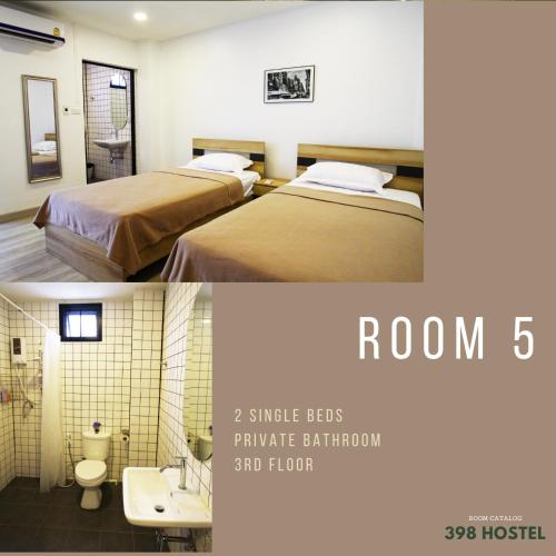a hotel room with two beds and a bathroom at 398 HOSTEL in Bangkok