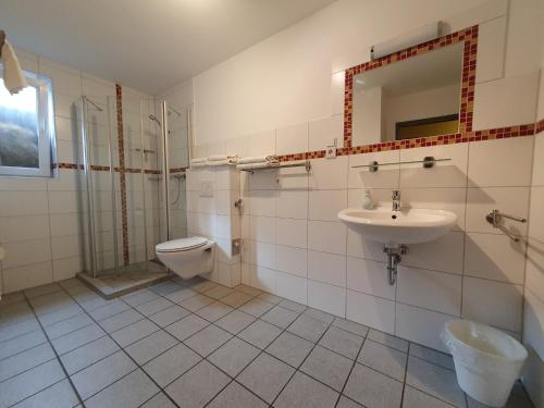 a bathroom with a toilet and a sink at Gästehaus Ermen in Kamp-Lintfort