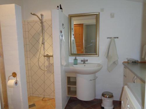 La salle de bains est pourvue d'un lavabo et d'un miroir. dans l'établissement Dejligt lille byhus, à Fåborg