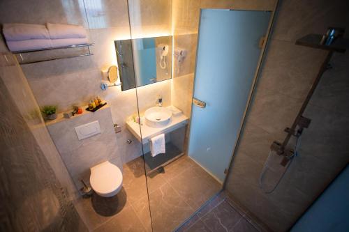 a bathroom with a shower with a toilet and a sink at LIBERTY PLAZA in Novalja