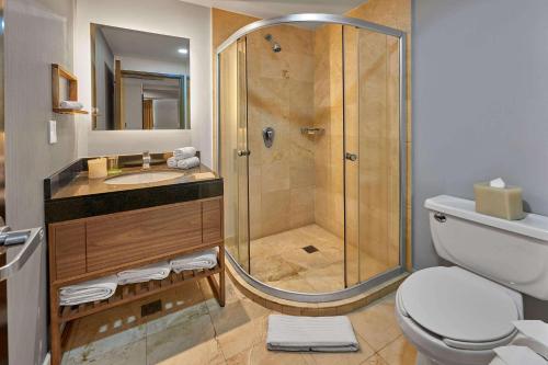 a bathroom with a shower and a toilet and a sink at Wyndham Garden Mexico City - Polanco in Mexico City